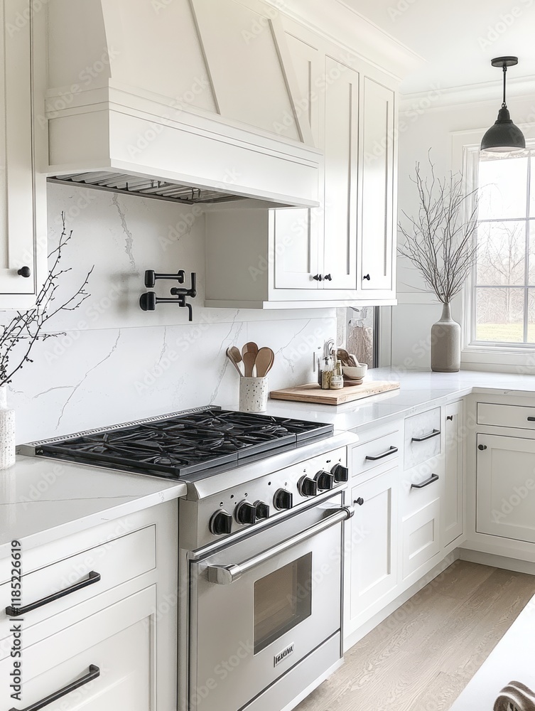 Fototapeta premium Modern White Kitchen Featuring Stainless Steel Appliances