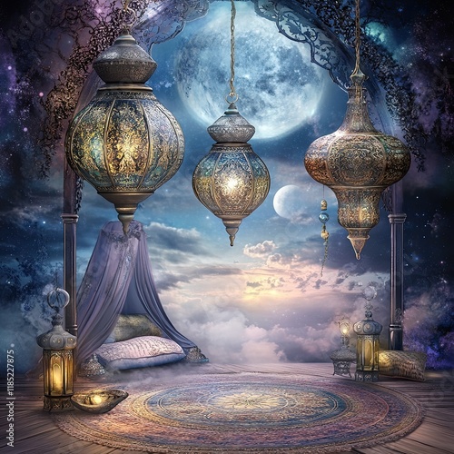 Fantasy moonlit night scene with lanterns and a bed