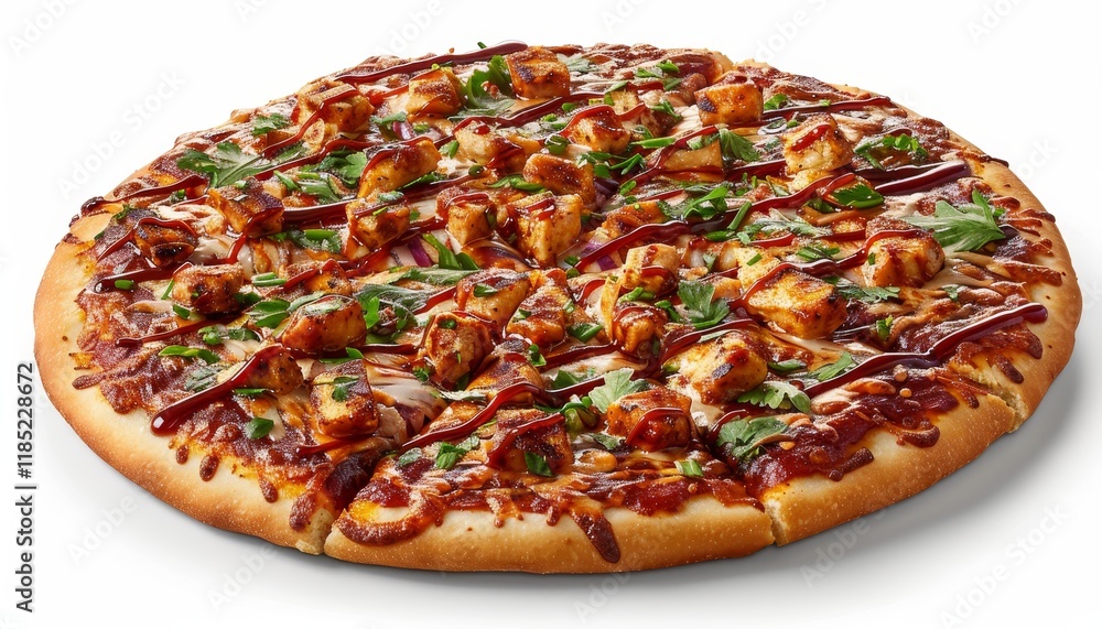 A close-up view of a barbecue chicken pizza with a crispy crust, melted cheese, and a generous amount of toppings. A close-up view of a barbecue chicken pizza with a crispy crust, melted cheese, and a generous amount of toppings.