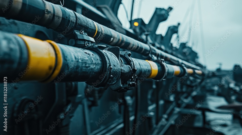 Close-up of industrial piping with yellow markings, conveying a sense of machinery and operation. Close-up of industrial piping with yellow markings, conveying a sense of machinery and operation.