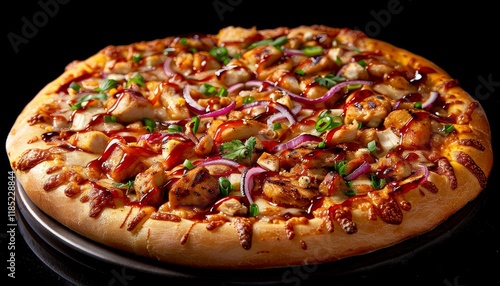 A close-up view of a BBQ chicken pizza with red onions, green peppers, and a drizzle of BBQ sauce.