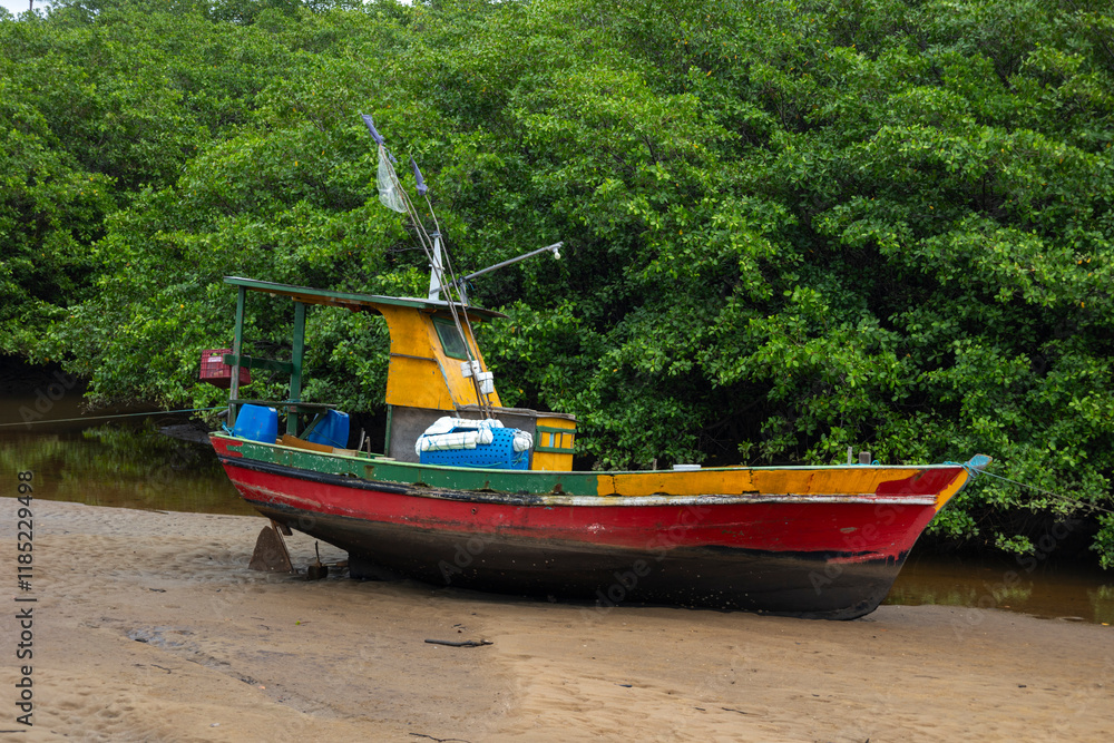 Porto de Pedras, Alagoas, Brazil. July, 19, 2024. Views of Patacho beach. A fishing boat is seen at low tide between the mouth and the mangroves of the Tatuamunha River. Porto de Pedras, Alagoas, Brazil. July, 19, 2024. Views of Patacho beach. A fishing boat is seen at low tide between the mouth and the mangroves of the Tatuamunha River.