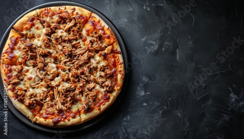 A close-up shot of a delicious pulled pork pizza on a black plate with a dark background.