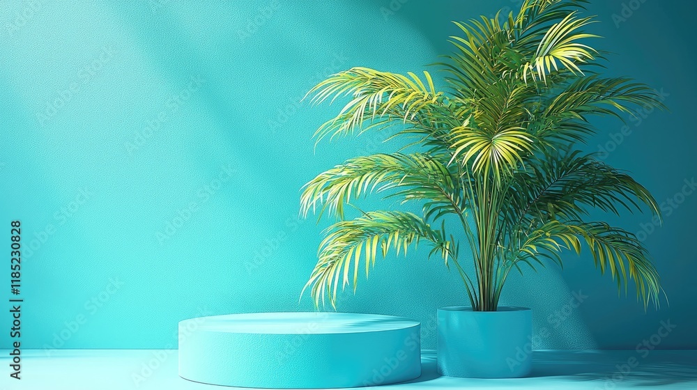 Serene Minimalist Palm Plant in Blue Pot: A Vibrant Tropical Scene Serene Minimalist Palm Plant in Blue Pot: A Vibrant Tropical Scene