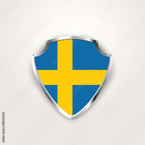 National pride of Sweden. Swedish flag on a shield. Vector illustration.