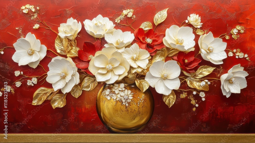 Gold vase, white flowers, red background, textured art, home decor Gold vase, white flowers, red background, textured art, home decor