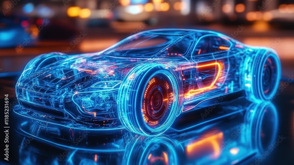 Futuristic Transparent Electric Car Model with Glowing Lights Showcasing Modern Automotive Technology Futuristic Transparent Electric Car Model with Glowing Lights Showcasing Modern Automotive Technology
