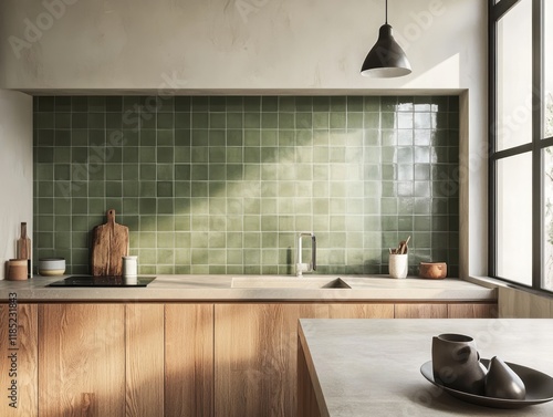 Modern Kitchen Design with Green Tiles and Wood Cabinets
