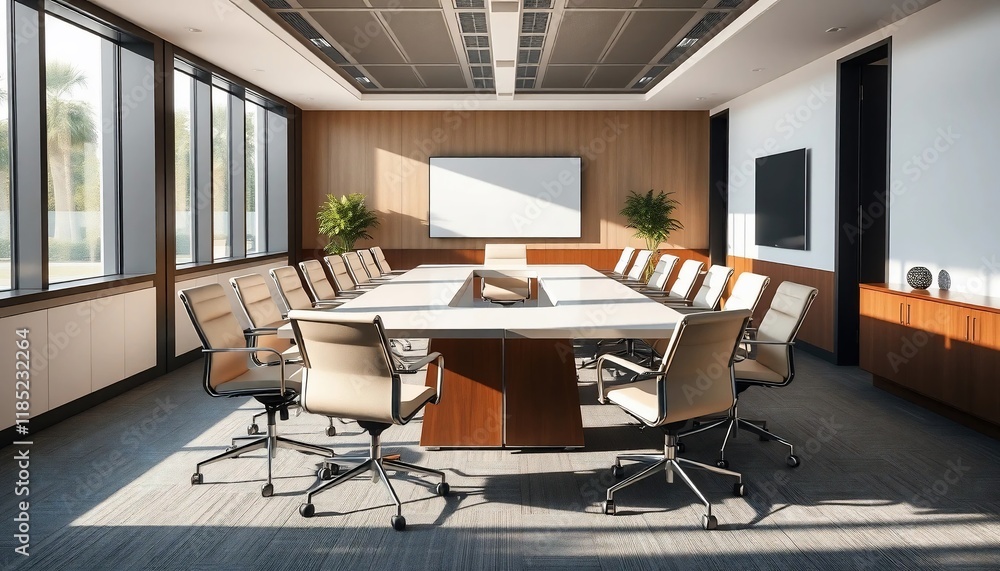 Modern Sunlit Conference Room with Large Table Beige Chairs and Big Windows Modern Sunlit Conference Room with Large Table Beige Chairs and Big Windows