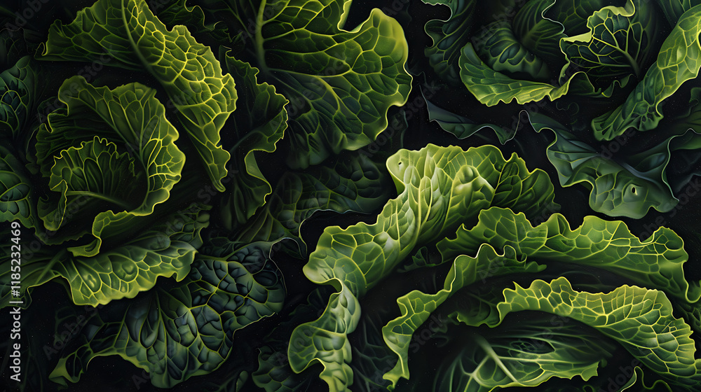 Fototapeta premium Lush Green Cabbage Leaves, Detailed Texture