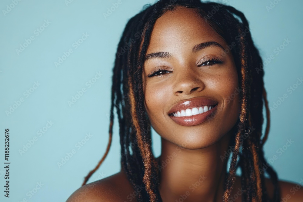 Smiling Black Woman with Dreadlocks in a Light Blue Studio Portrait Smiling Black Woman with Dreadlocks in a Light Blue Studio Portrait