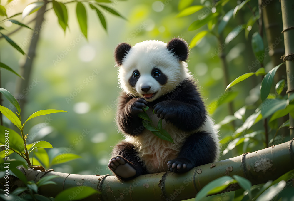 Fototapeta premium Adorable Baby Panda Playfully Grasping Bamboo in a Lush Green Forest, Bathed in Soft Natural Light