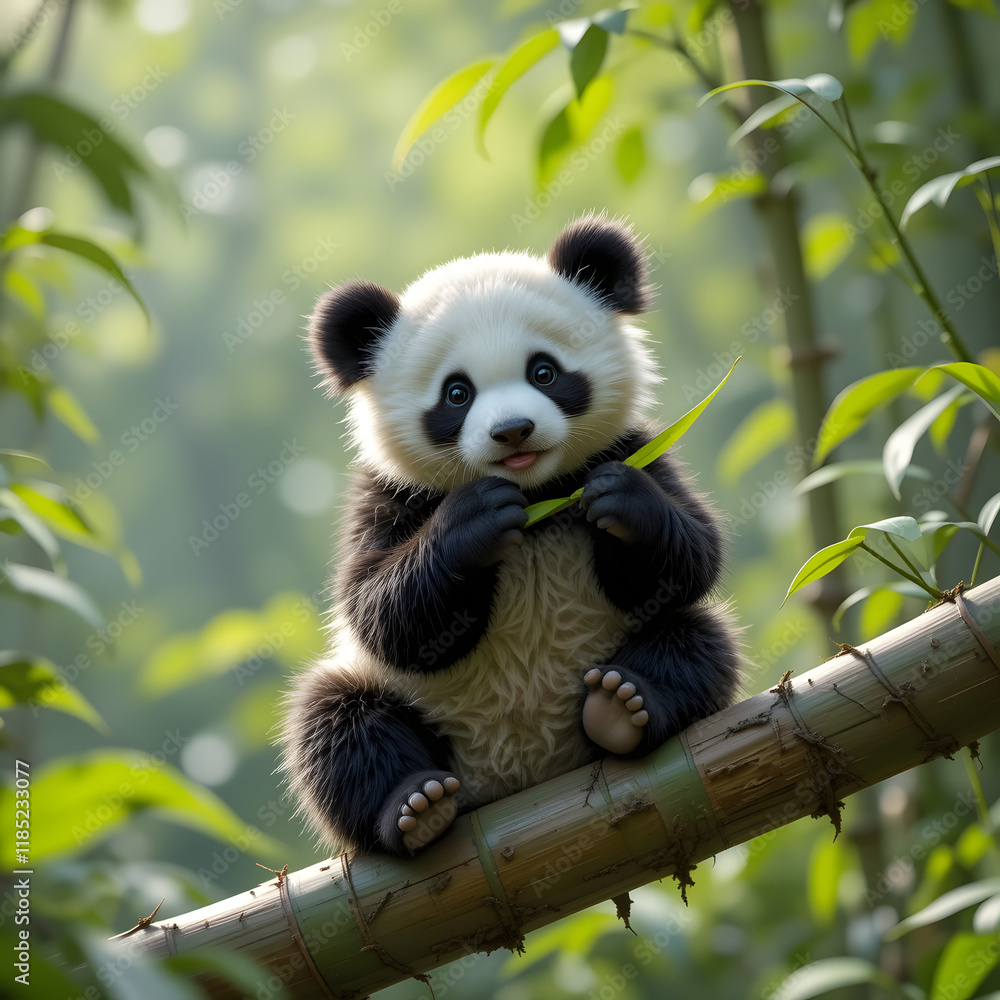 Obraz premium Adorable Baby Panda Playfully Grasping Bamboo in a Lush Green Forest, Bathed in Soft Natural Light
