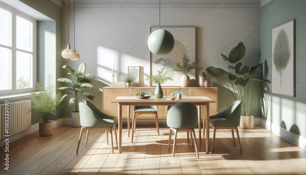 Fototapeta premium Scandinavian dining room, large windows, natural light, wooden table, white chairs, pendant light, indoor plants, butterfly artwork, green walls, minimalist decor, cozy atmosphere, modern interior des