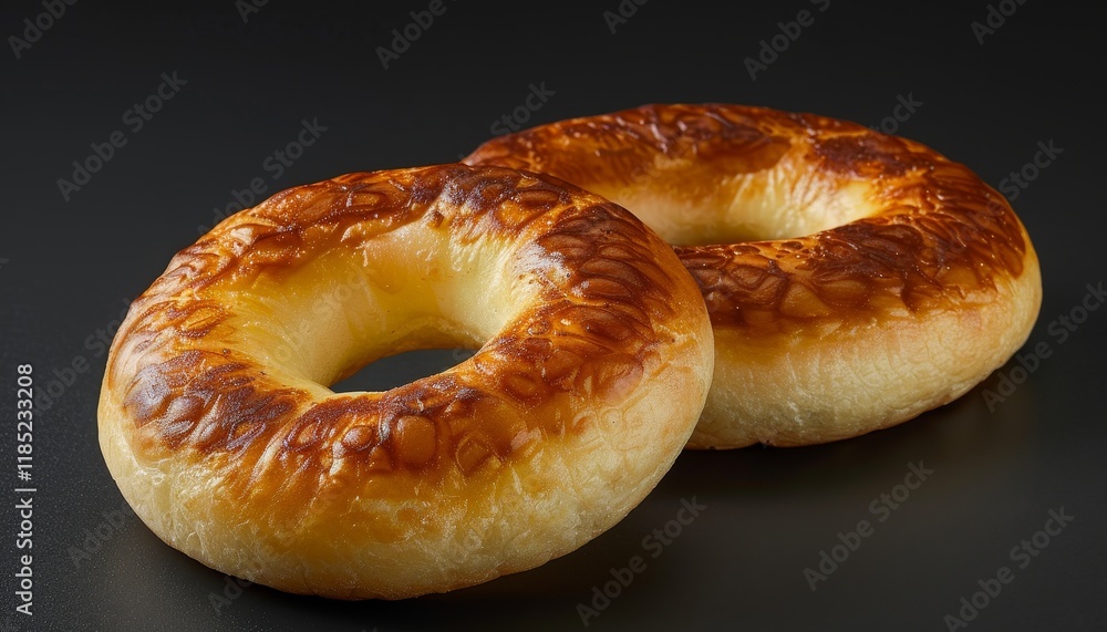 Two golden brown bagels on a black background. Two golden brown bagels on a black background.
