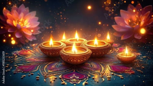 Diwali Celebration Greeting Card Design with Rangoli, Diyas, Fireworks, and Cultural Traditions photo