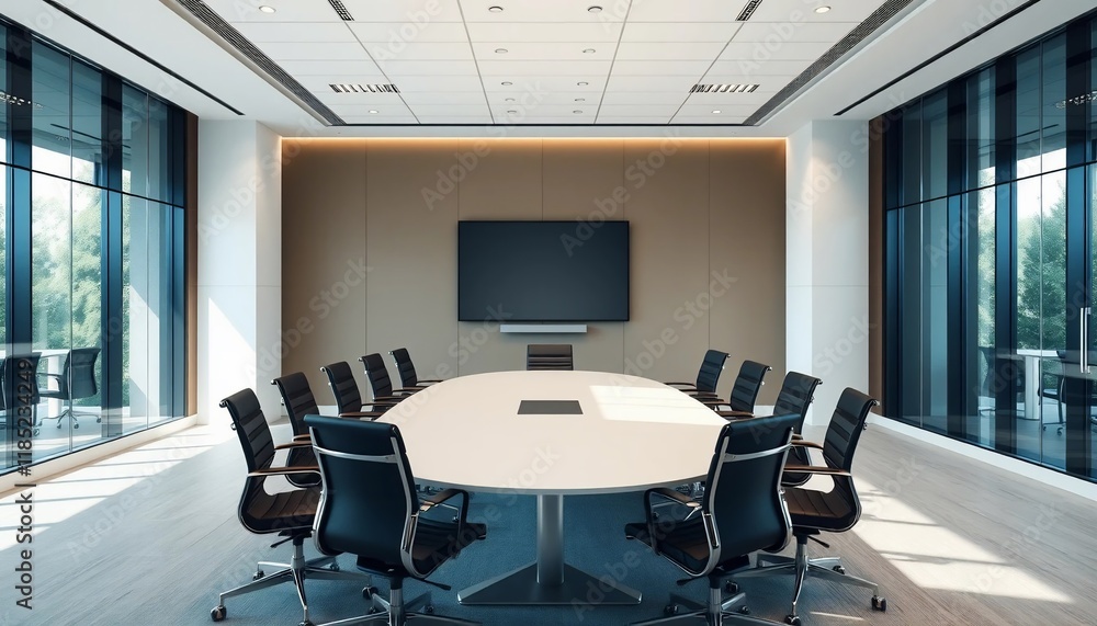 Modern Office Conference Room with Large Screen Oval Table and Black Chairs Modern Office Conference Room with Large Screen Oval Table and Black Chairs