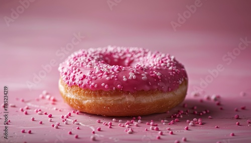 A single pink glazed donut with sprinkles on a pink background. photo