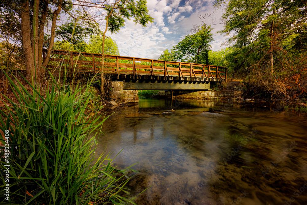 Fototapeta premium Letort Spring Run flowing under a foot bridge as it winds through a quiet and peaceful meadow.