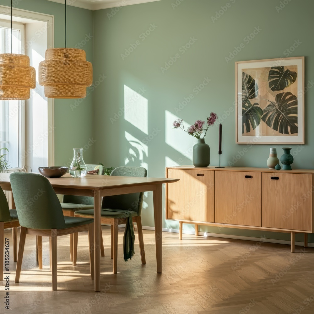 Scandinavian dining room, large windows, natural light, wooden table, white chairs, pendant light, indoor plants, butterfly artwork, green walls, minimalist decor, cozy atmosphere, modern interior des Scandinavian dining room, large windows, natural light, wooden table, white chairs, pendant light, indoor plants, butterfly artwork, green walls, minimalist decor, cozy atmosphere, modern interior des
