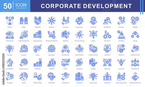 Corporate Development icon collection set. Containing planning, execution, strategies, organizational, objectives, management recruitment, markets products icon. Simple vector illustration.