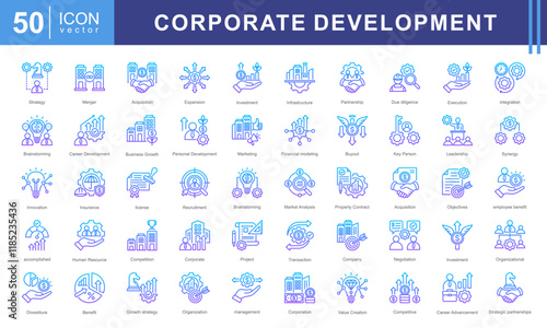 Corporate Development icon collection set. Containing planning, execution, strategies, organizational, objectives, management recruitment, markets products icon. Simple vector illustration.