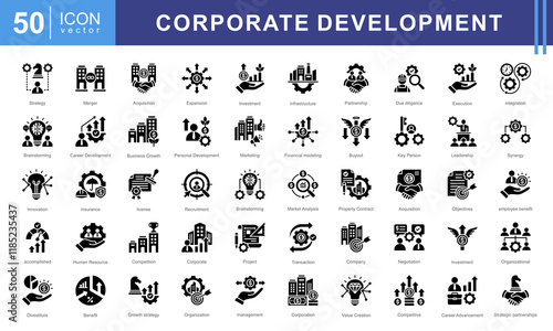 Corporate Development icon collection set. Containing planning, execution, strategies, organizational, objectives, management recruitment, markets products icon. Simple vector illustration.
