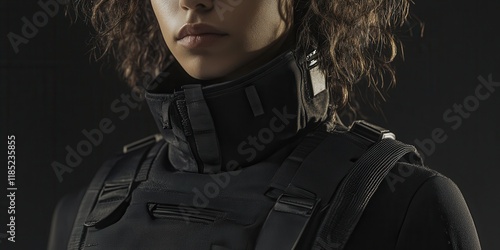 Close-up of a model wearing a high-collared tactical vest with modular compartments integrated LED trims and a matte black finish paired with a seamless techwear base layer studio lighting  photo