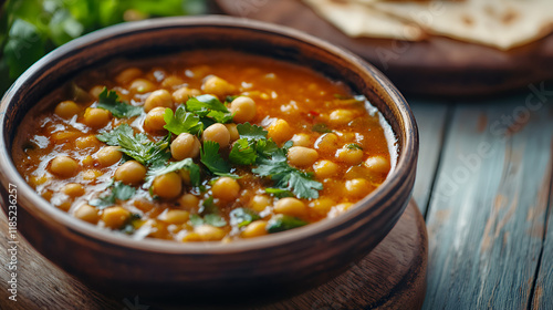 top view of chickpea soup garnish with green coriender.ai generative photo