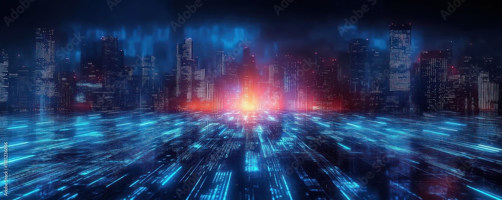 Fototapeta premium Futuristic Cyberpunk Cityscape Cyber Technology Neon Lights Digital Communication Data Transfer AI