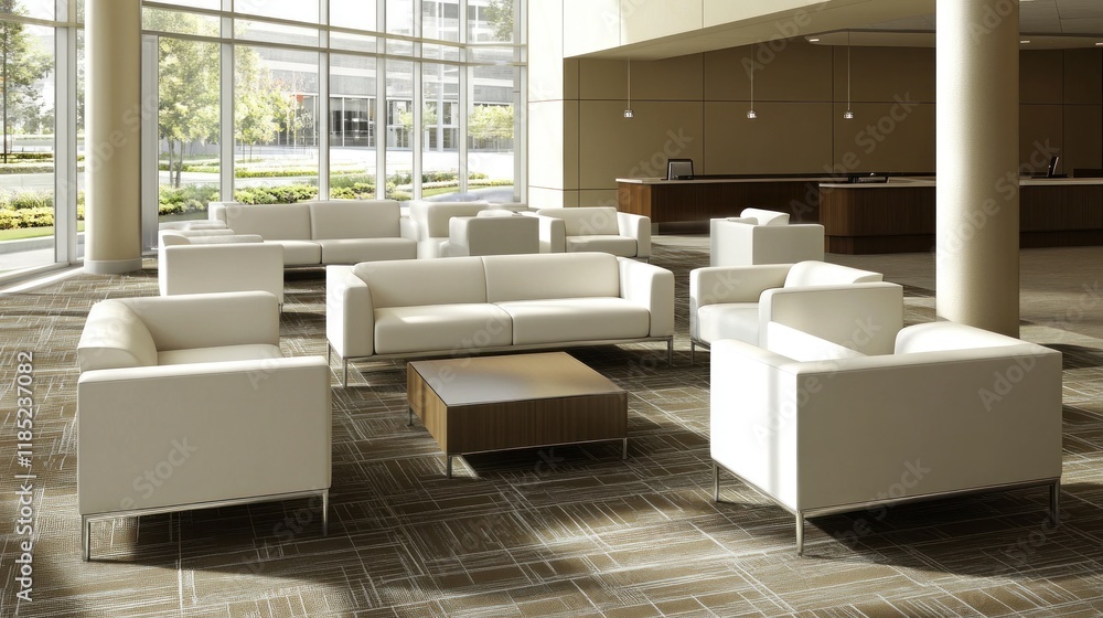 Modern lounge area with white sofas and a coffee table in a bright, open space. Modern lounge area with white sofas and a coffee table in a bright, open space.