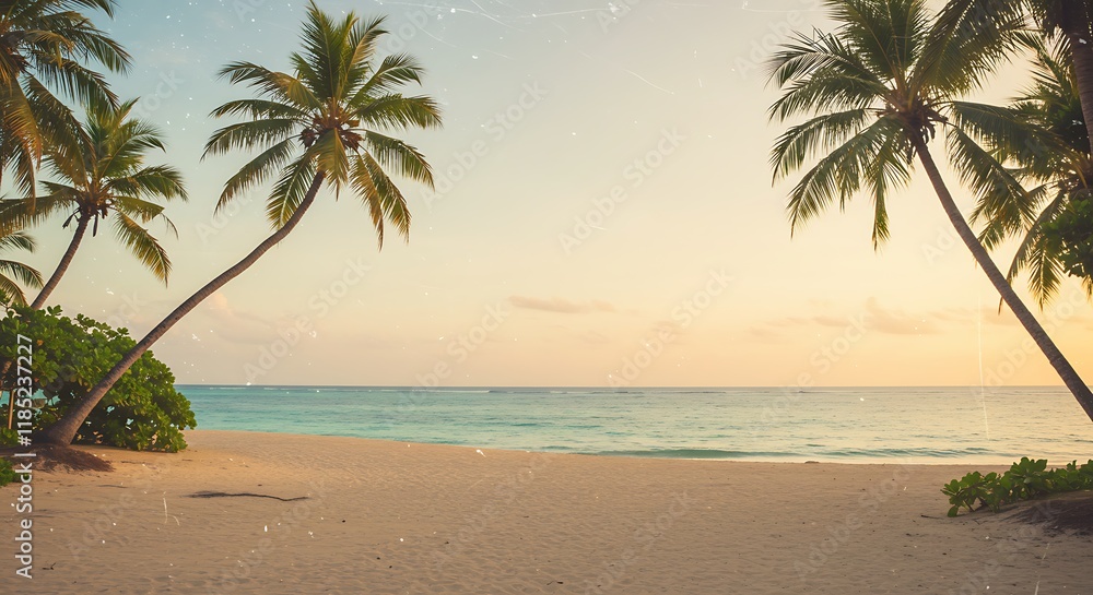 Obraz premium Tropical sandy ocean beach with palm trees vintage toned with film distress flare