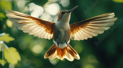 A hummingbird in flight, wings spread wide and body symmetrically positioned photo