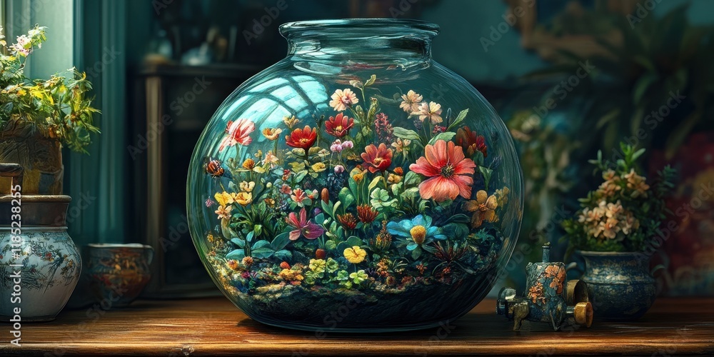 Fototapeta premium A captivating display of botanical beauty: a glass terrarium filled with vibrant flowers and plants, creating a miniature garden masterpiece on a wooden table in a cozy room