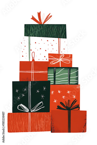 A stack of colorful gift boxes, decorated for the holiday season.