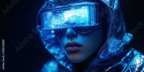 Close-up of a model wearing augmented reality goggles with holographic display paired with a seamless high-tech hoodie featuring breathable fabric and magnetic closures photo