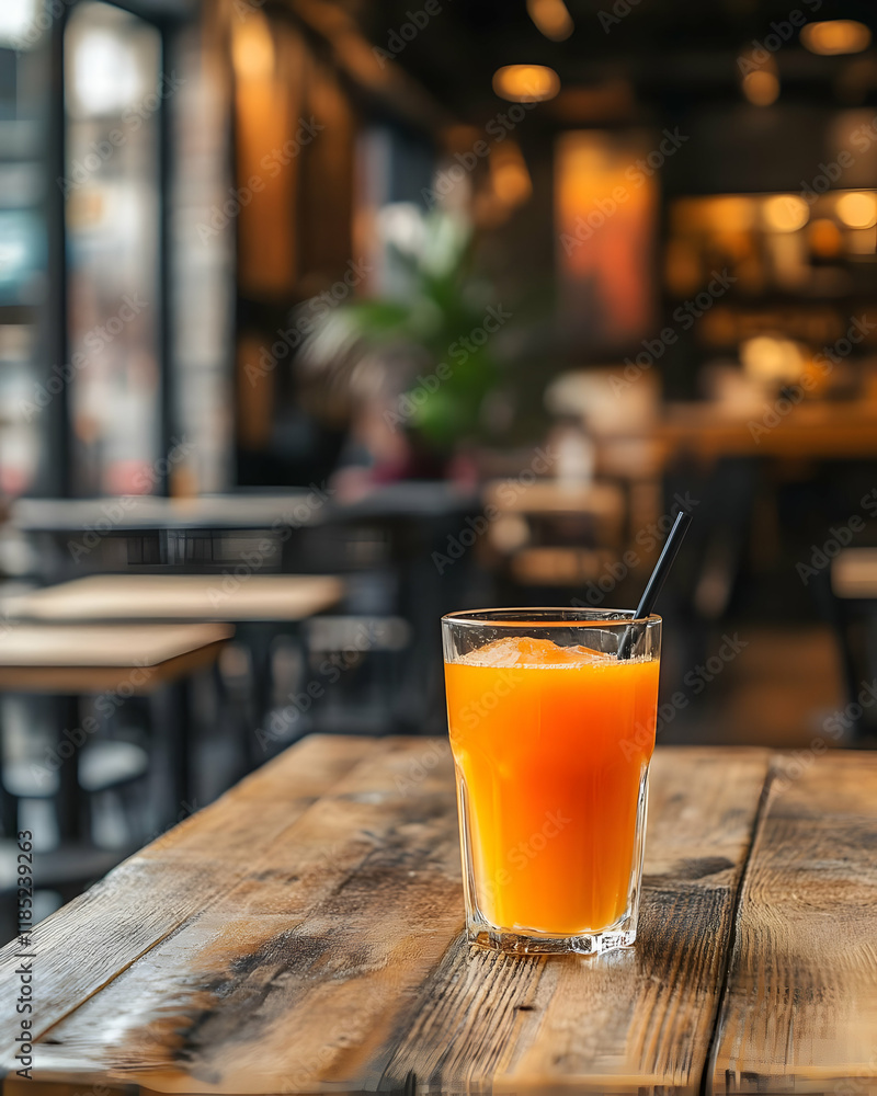 A refreshing orange drink served in a glass on a wooden table in a cozy caf? setting. A refreshing orange drink served in a glass on a wooden table in a cozy caf? setting.