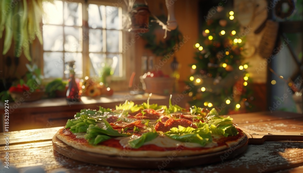 A delicious pizza with fresh toppings sits on a wooden table in a cozy kitchen, with a Christmas tree in the background and a warm, inviting atmosphere. A delicious pizza with fresh toppings sits on a wooden table in a cozy kitchen, with a Christmas tree in the background and a warm, inviting atmosphere.