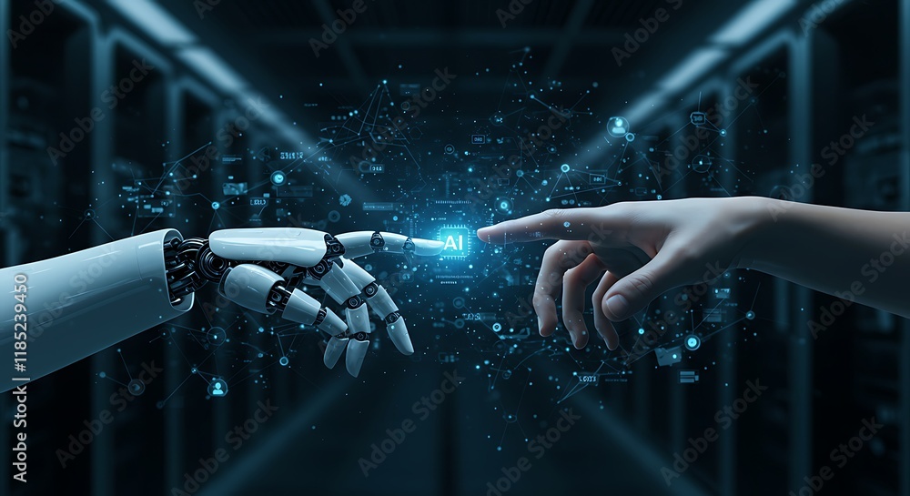 Fototapeta premium AI, Machine learning, Hands of robot and human touching on big data network connection background, Science and artificial intelligence technology, innovation and futuristic.