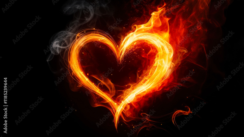 Fototapeta premium Flaming heart design glowing against a dark background, symbolizing passion and love during a romantic occasion