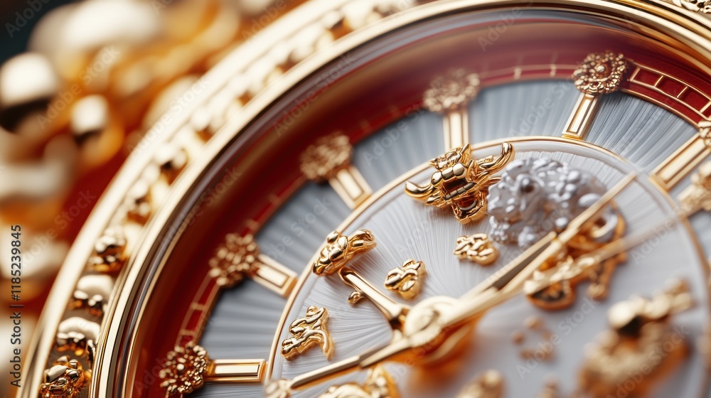 Close-up of ornate gold watch face with zodiac details. Close-up of ornate gold watch face with zodiac details.