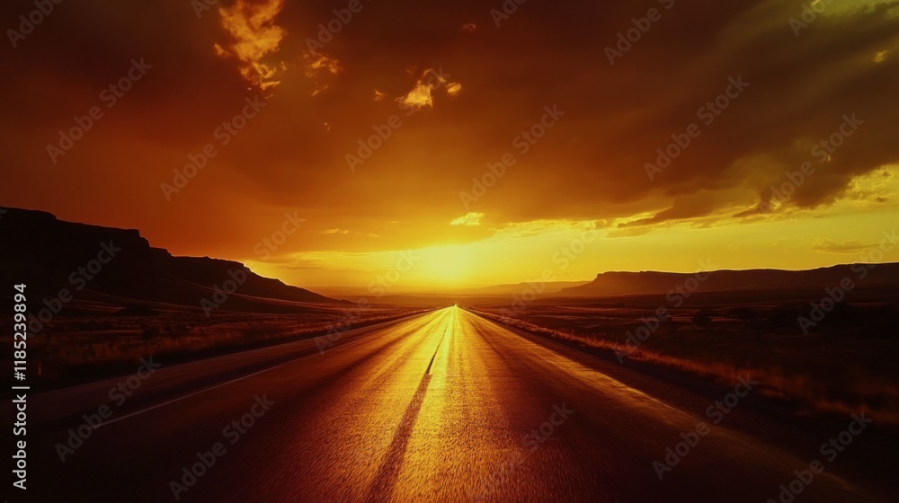 Road to the Golden Horizon: A winding asphalt road stretches towards a breathtaking sunset, the golden rays piercing through dramatic clouds.