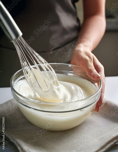 In a bright kitchen, heavy cream is being whisked manually in a glass bowl