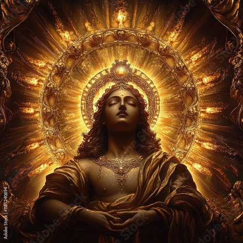 Divine Lord Vishnu Surrounded by Golden Light in Baroque Style Chiaroscuro photo