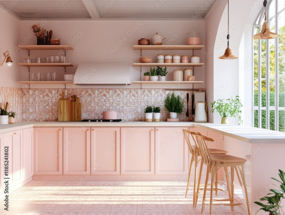 Fototapeta premium Elegant Pink Kitchen With Wooden Accents And Natural Light