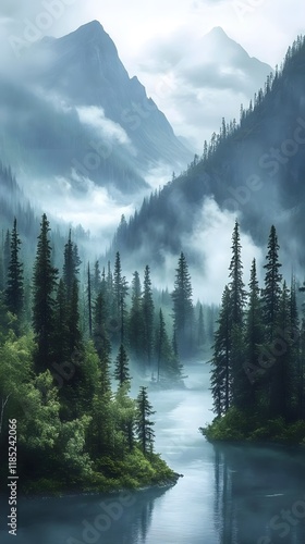 Misty mountains rise above a tranquil forest river.