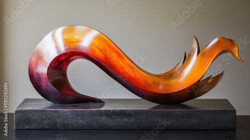 Elegant Abstract Sculpture with Flowing Curves and Vibrant Colors on a Dark Stone Base in a Minimalist Setting photo