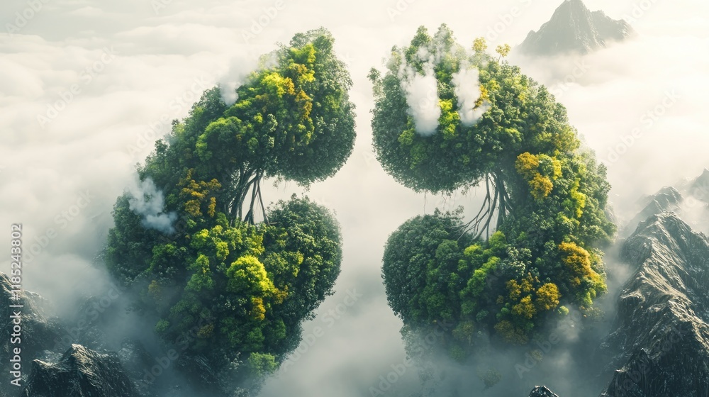 A surreal landscape of intertwined trees emerging from misty mountains. A surreal landscape of intertwined trees emerging from misty mountains.