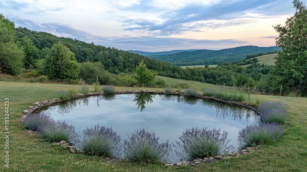 Serene Reflections of Nature: Tranquil Pond Surrounded by Lavender Blossoms and Rolling Hills at Dusk in a Peaceful Countryside Setting Serene Reflections of Nature: Tranquil Pond Surrounded by Lavender Blossoms and Rolling Hills at Dusk in a Peaceful Countryside Setting