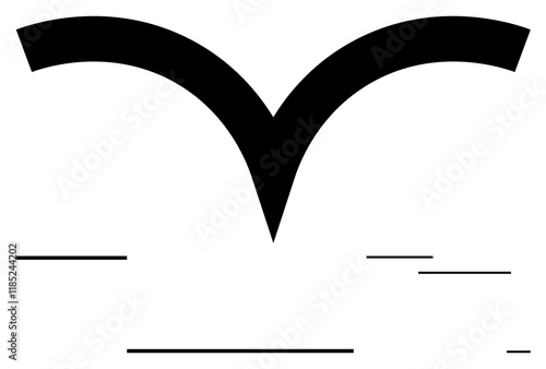 Simplified black bird silhouette in flight with abstract horizontal lines evoking balance, freedom, motion. Ideal for nature, freedom, clarity, design, minimalism, creativity abstract line flat